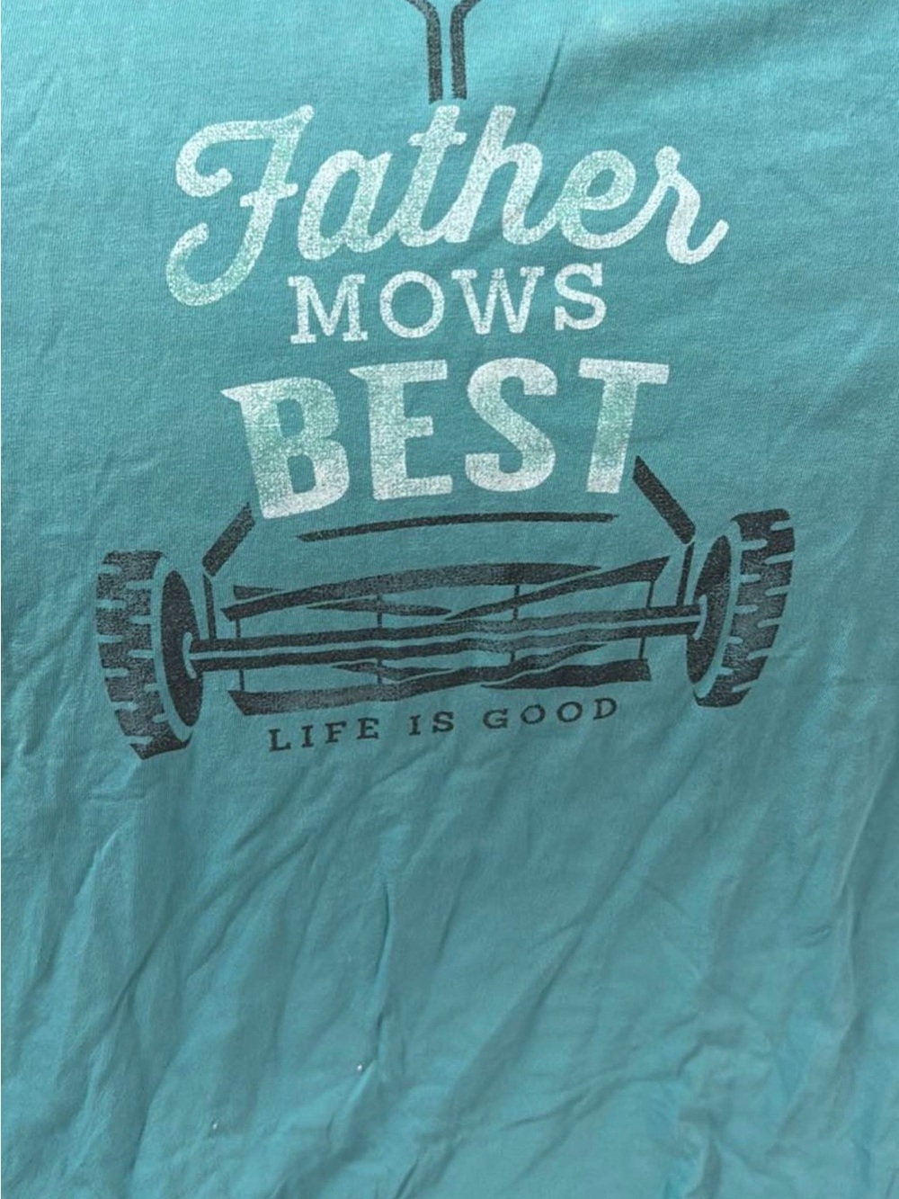 Life Is Good mens Teal "Father Mows Best" Short Sleeve Tee